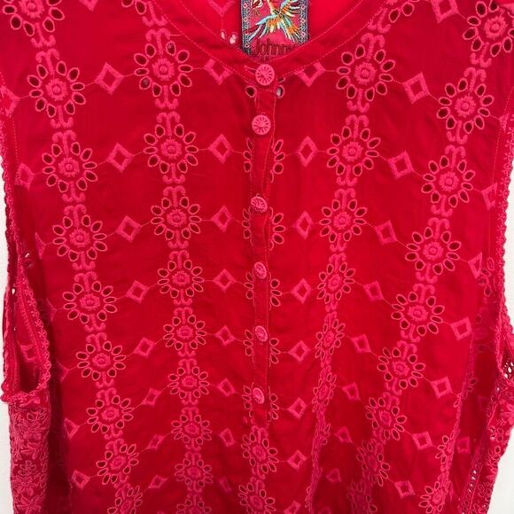 Johnny Was Women’s Red Floral Symmetrical Boho Eyelet Sleeveless Blouse - Picture 6 of 10